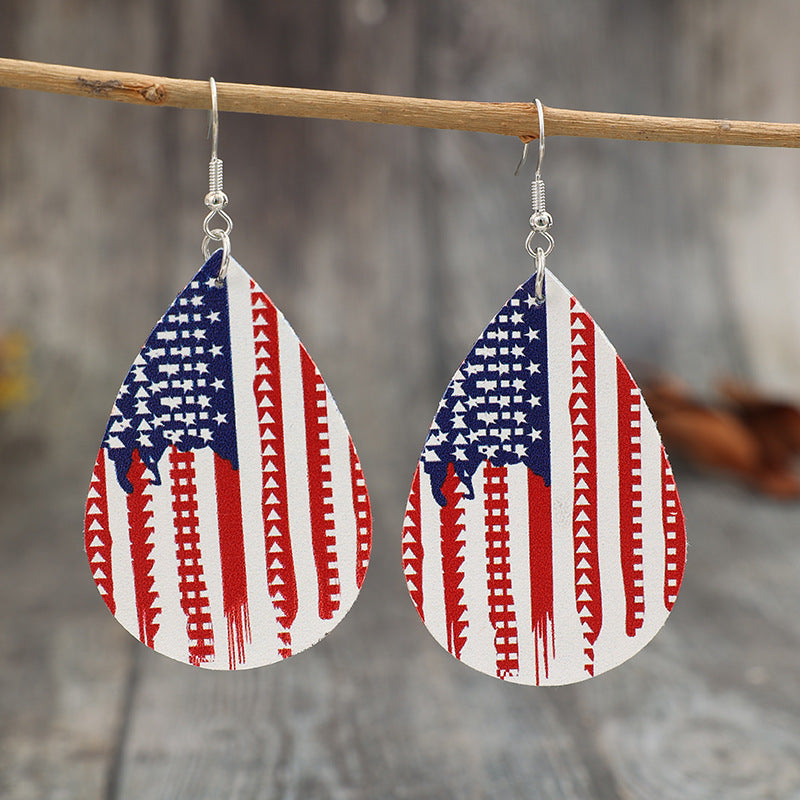 PU Leather US Flag Teardrop Shape Earrings 
