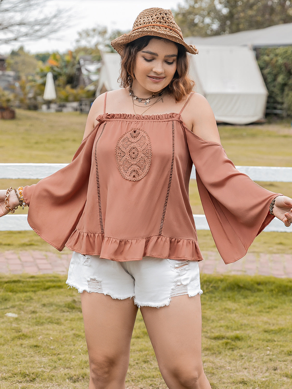 Plus Size Frill Square Neck Long Sleeve Blouse 