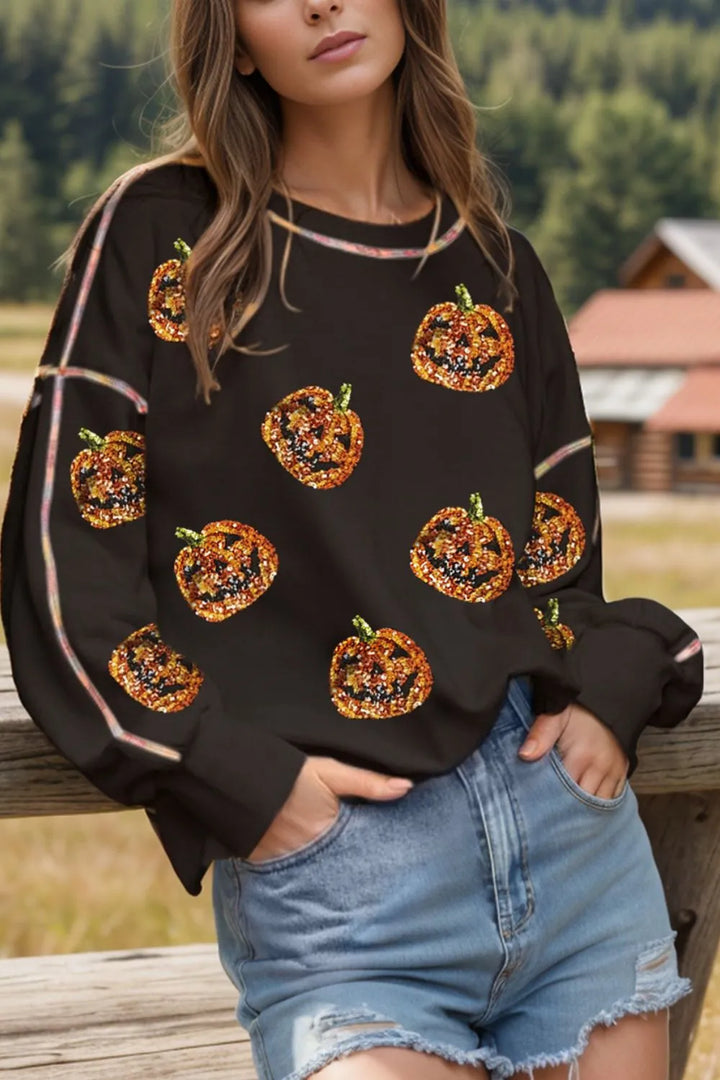 Sequin Pumpkin Round Neck Long Sleeve Sweatshirt 