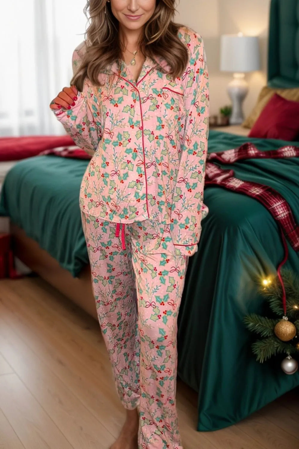 Printed Collared Neck Long Sleeve Top and Pants Lounge Set Lingerie & Nightwear