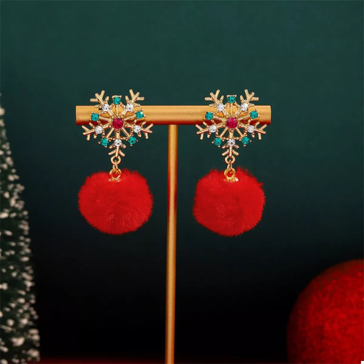 Christmas Snowflake Pom Pom Drop Earrings 