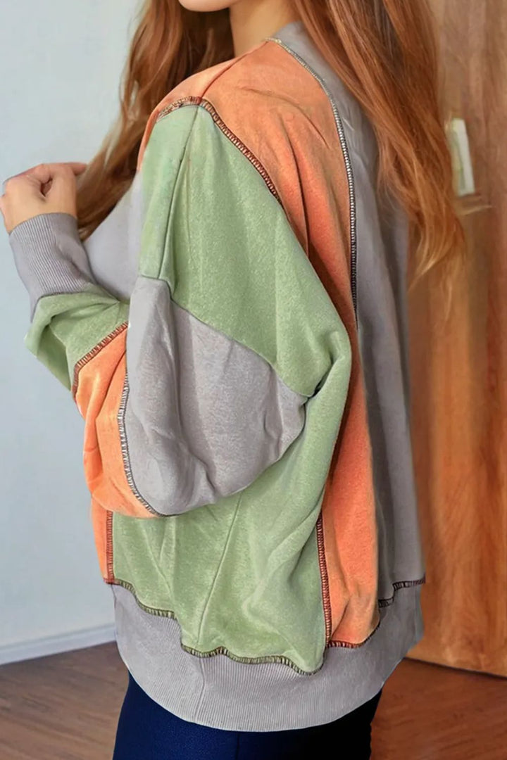 Full Size Exposed Seam Color Block Long Sleeve Sweatshirt 