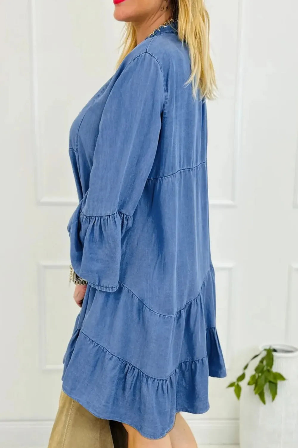 Notched Flare Sleeve Denim Dress 