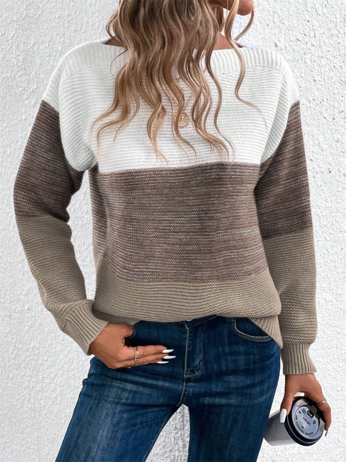 Color Block Drop Shoulder Long Sleeve Sweater 