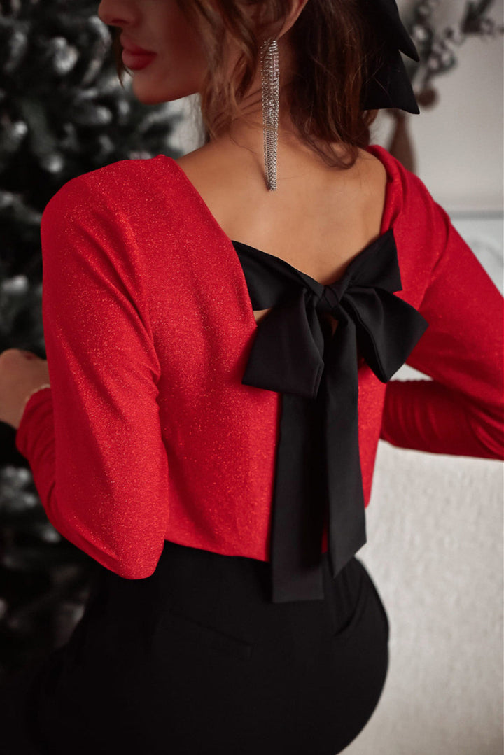 Bowknot V-Neck Long Sleeve Blouse 