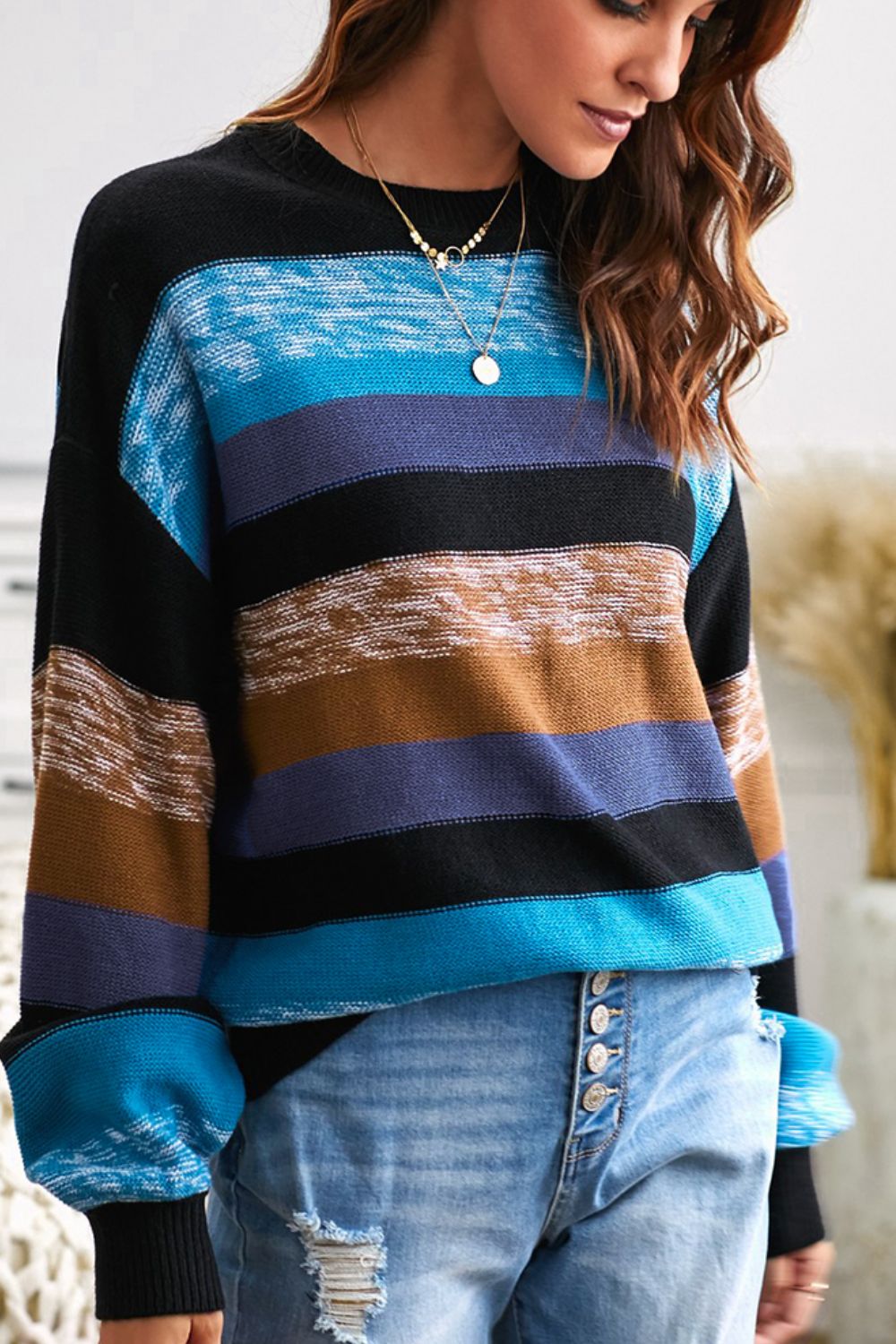 Contrast Striped Round Neck Drop Shoulder Sweater 