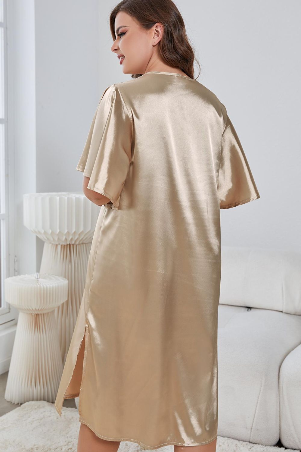 Plus Size Flutter Sleeve V-Neck Side Slit Night Gown 