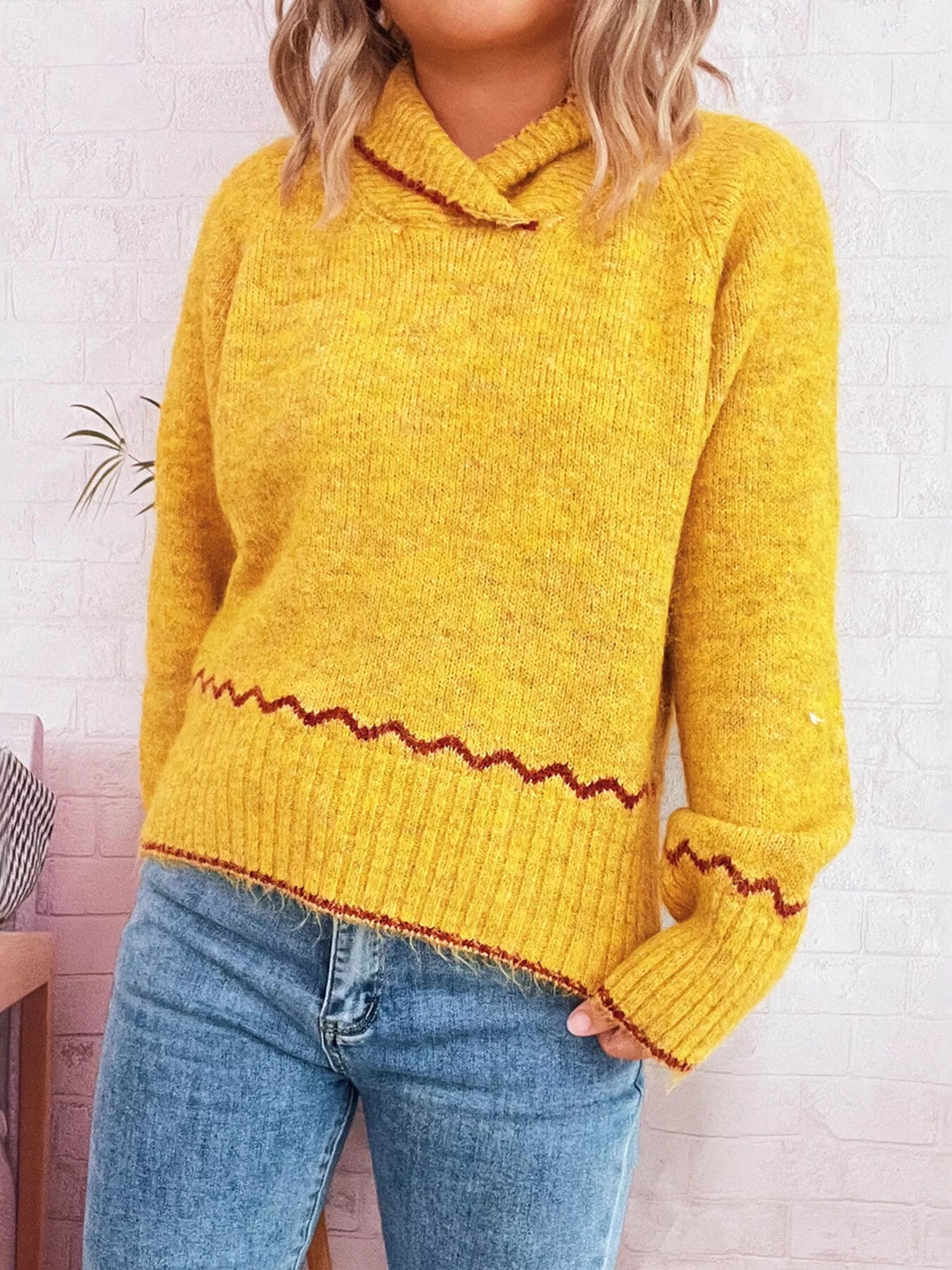 Ribbed Contrast Trim Long Sleeve Sweater 