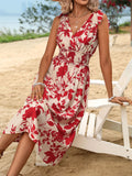 Perfee Smocked Printed Surplice Midi Dress 