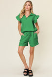 Double Take Full Size Texture Flounce Sleeve Top and Drawstring Shorts Set 