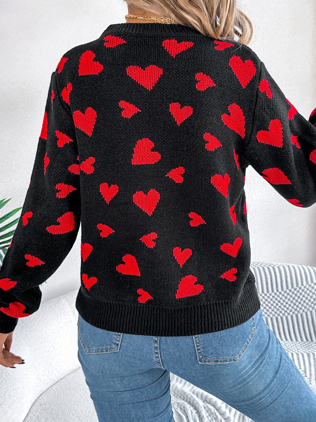 Heart Round Neck Long Sleeve Sweater 