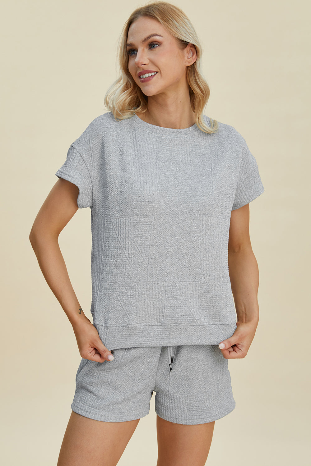 Double Take Full Size Texture Short Sleeve Top and Shorts Set 