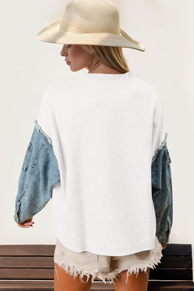 Double Take Raw Edge Star Contrast Sweatshirt 