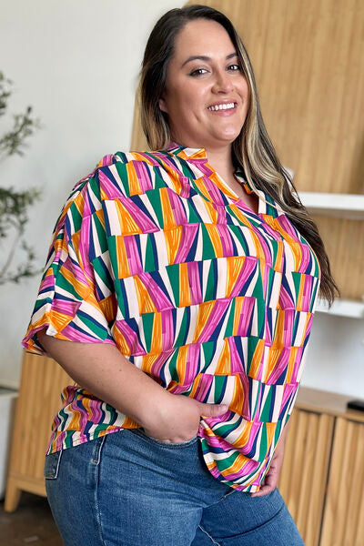 Double Take Full Size Geometric Notched Dolman Sleeve Top 
