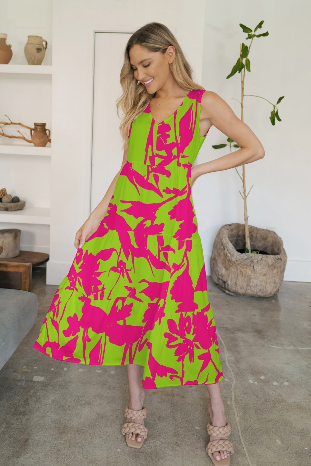 FAM-FAM Tiered Printed V-Neck Sleeveless Dress 