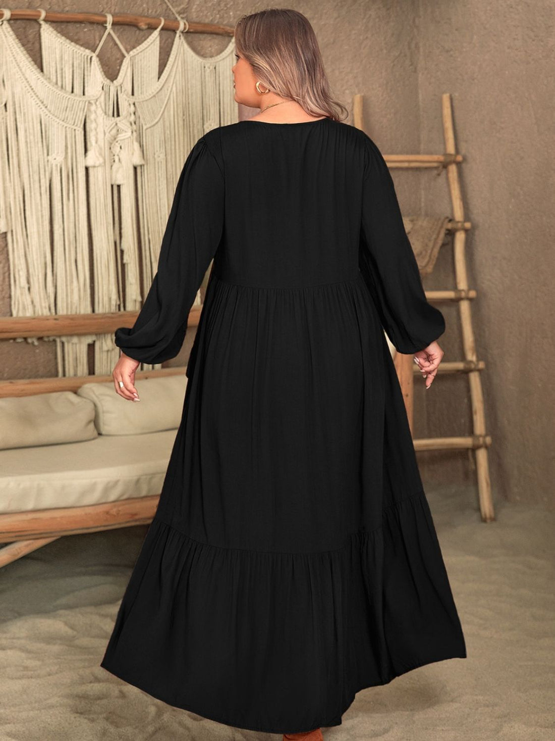 Plus Size Ruffled V-Neck Long Sleeve Dress 