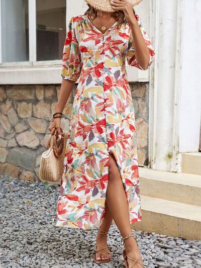 Perfee Printed V-Neck Half Sleeve Midi Dress Dresses