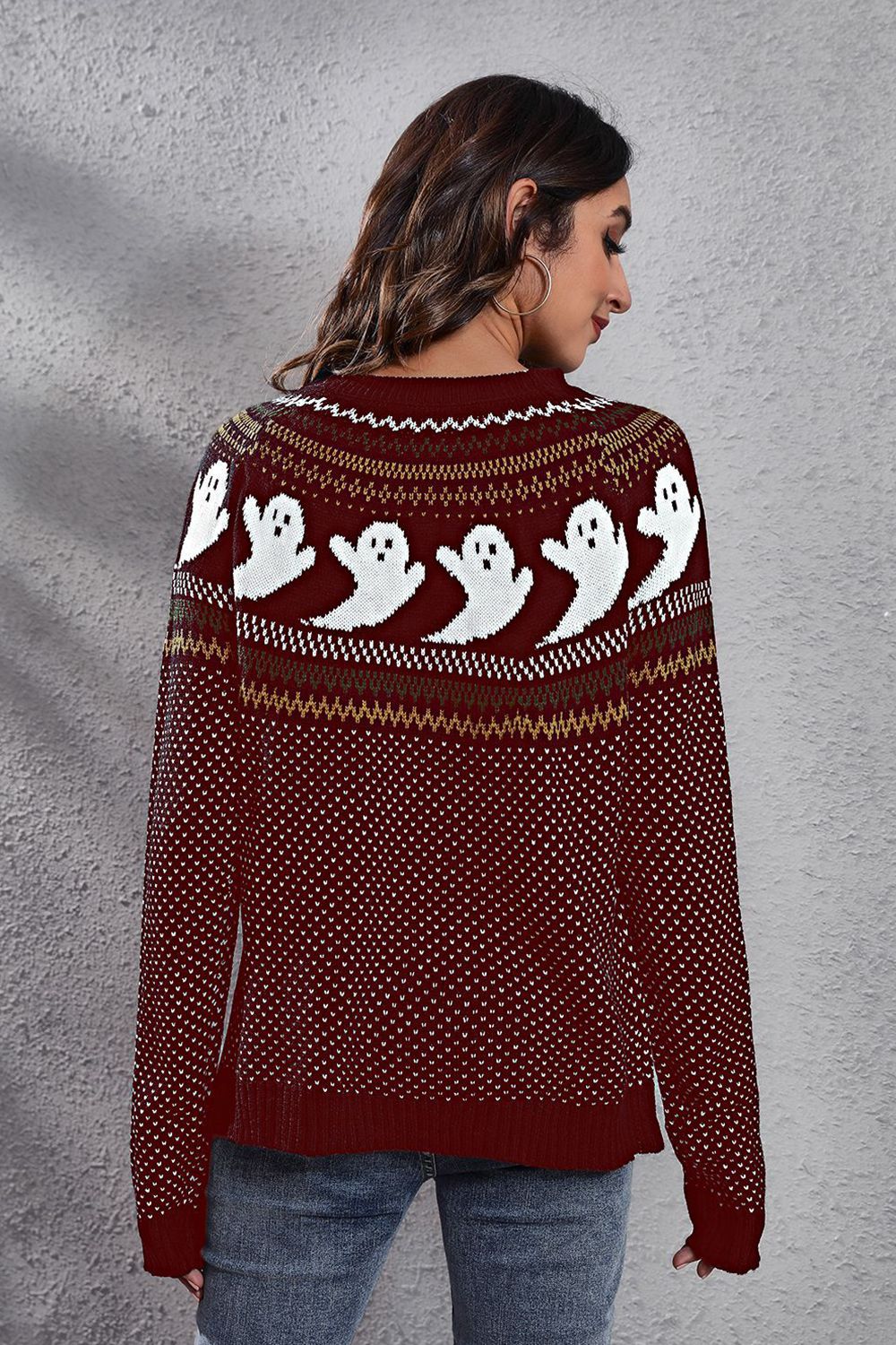 Ghost Pattern Round Neck Long Sleeve Sweater 