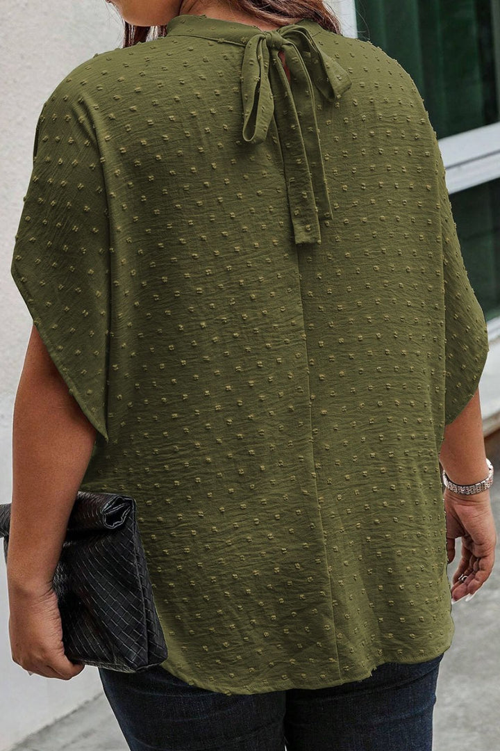 Plus Size Swiss Dot Tied Mock Neck Blouse 