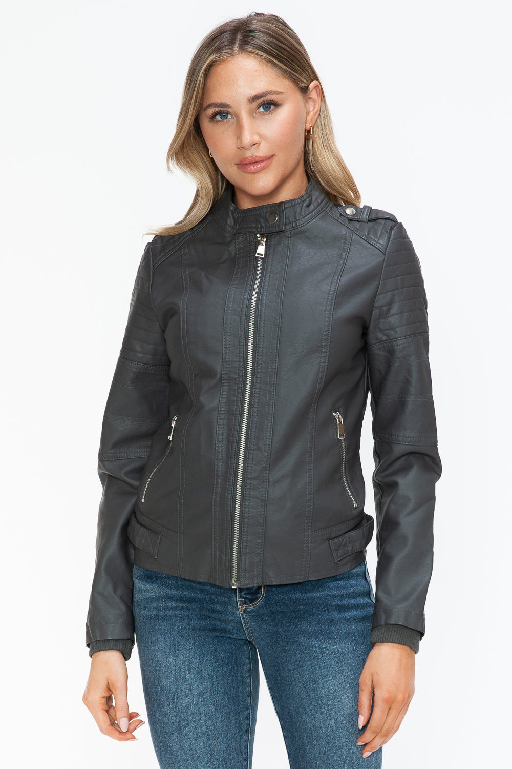 Snobbish PU Leather Biker Jacket with Side Zip Pockets 