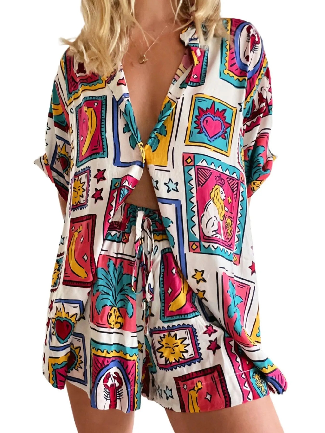 Printed Button Up Shirt and Shorts Set Two Piece Dresses