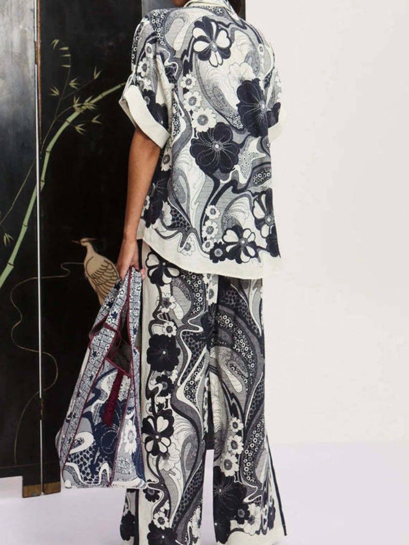 Printed Button Up Shirt and Pants Set Two Piece Dresses