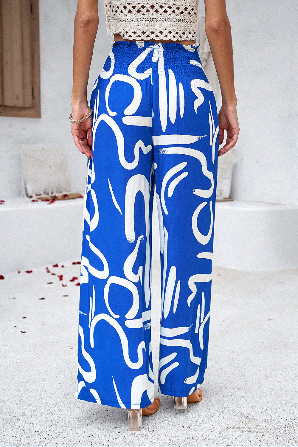 Devine Smocked Printed Wide Leg Pants with Pockets 