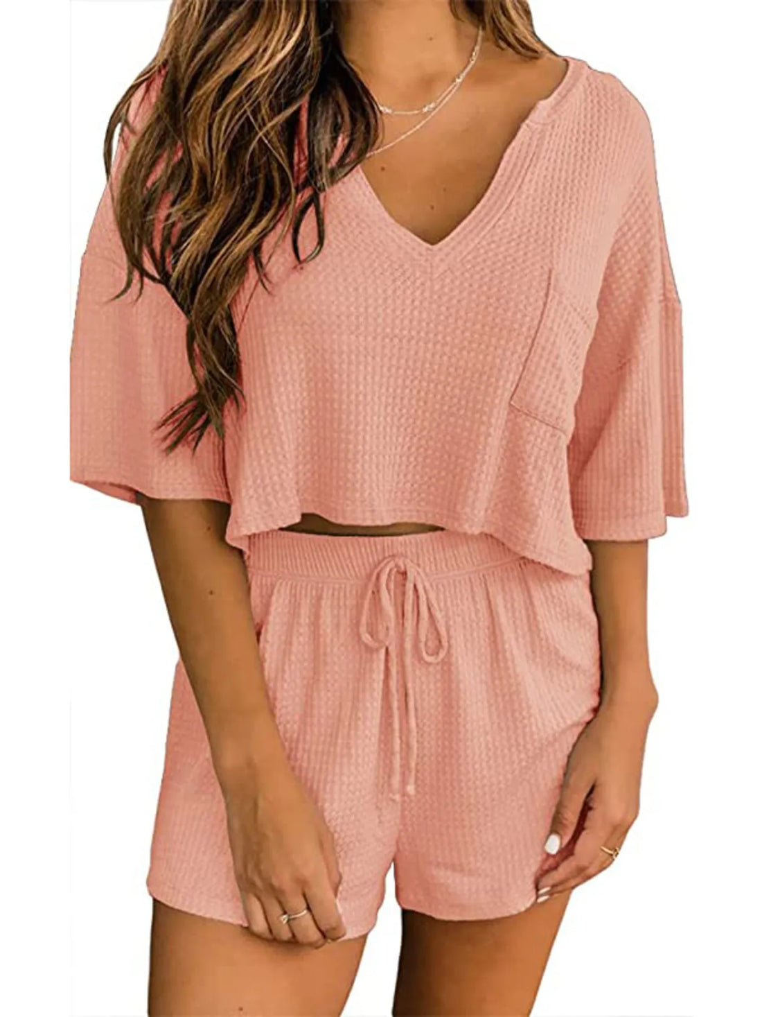 Waffle Knit Top and Shorts Lounge Set Lingerie & Nightwear