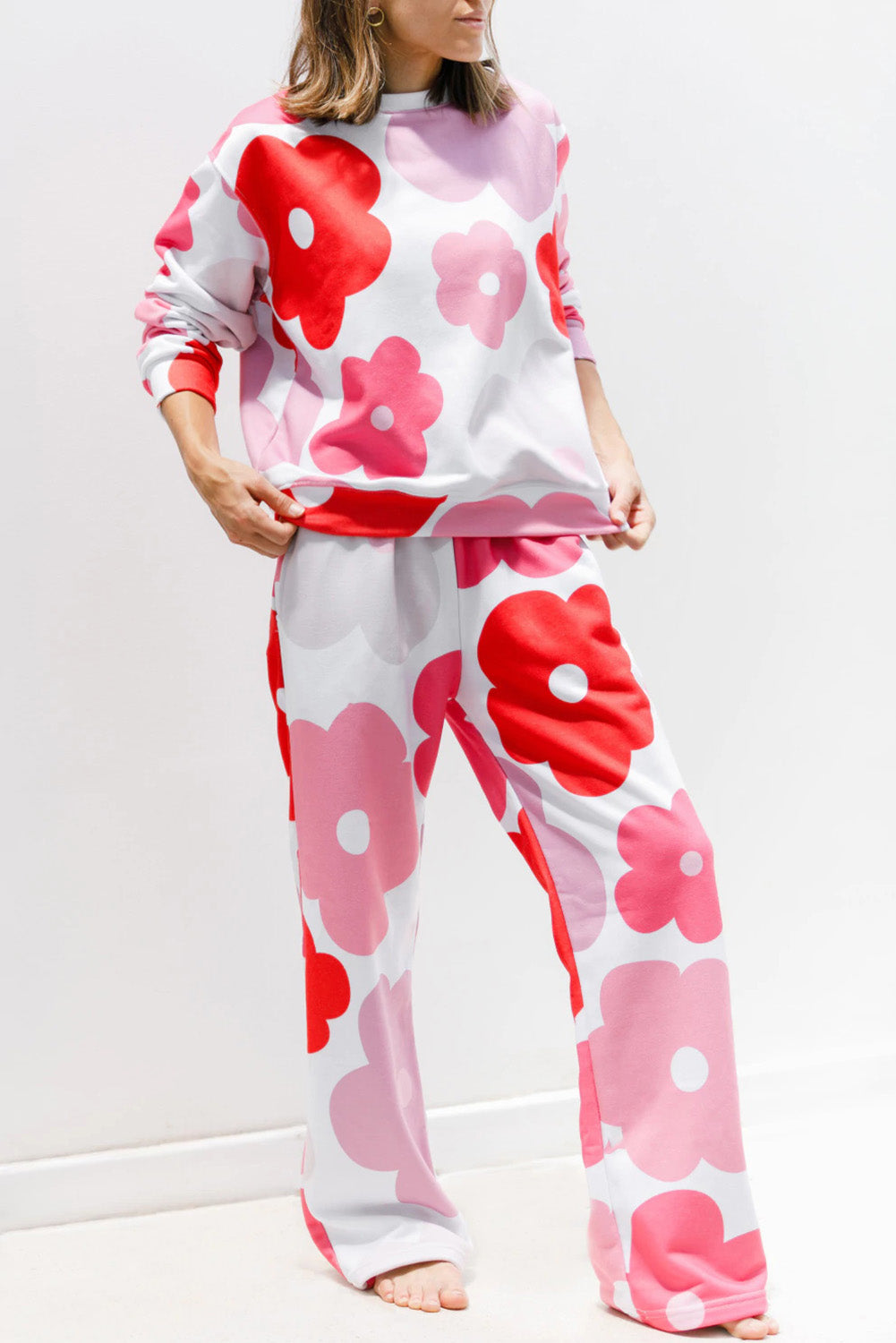 White Floral Print Pullover Top Sweatpants Lounge Set Loungewear & Sleepwear/Loungewear