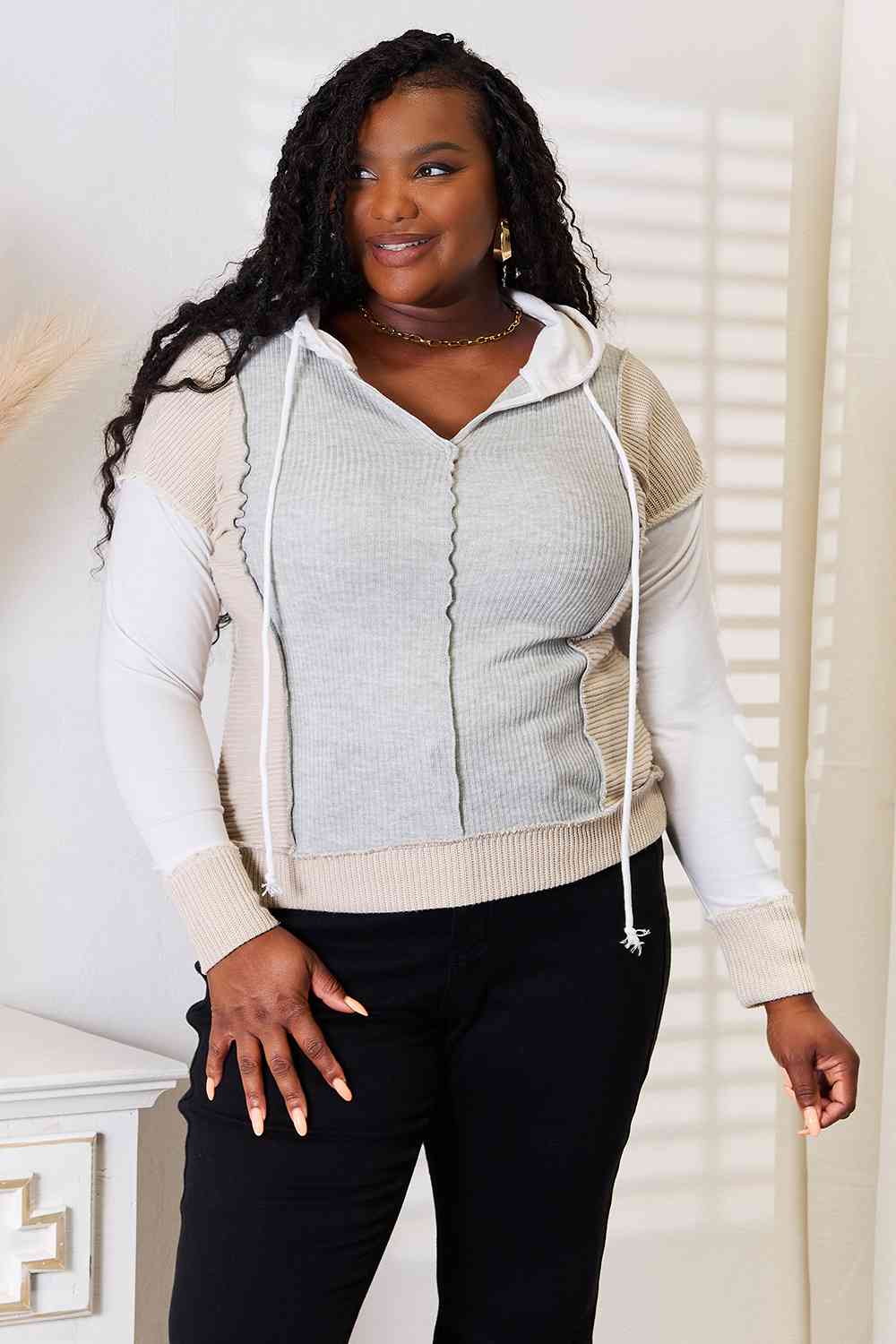 Double Take Color Block Exposed Seam Drawstring Hoodie 