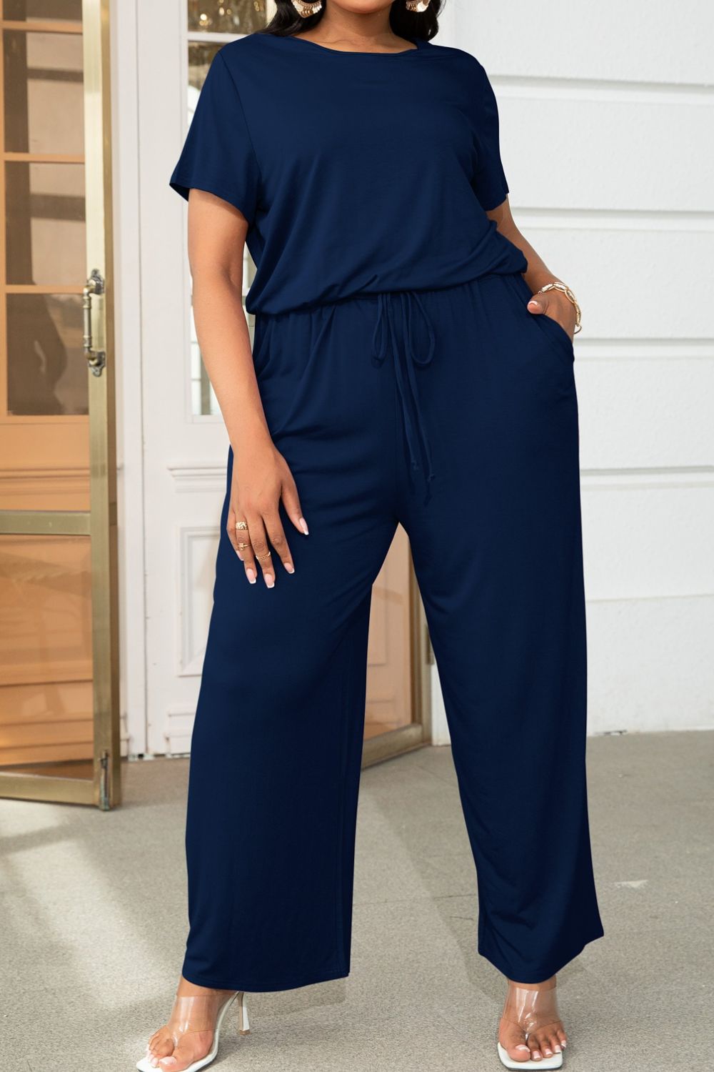 Plus Size Drawstring Waist Short Sleeve Jumpsuit 