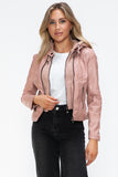Snobbish Faux Leather Zip Up Drawstring Hooded Jacket 