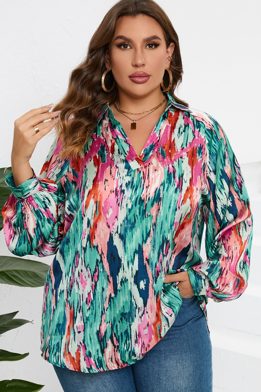 Plus Size Printed Johnny Collar Long Sleeve Blouse 