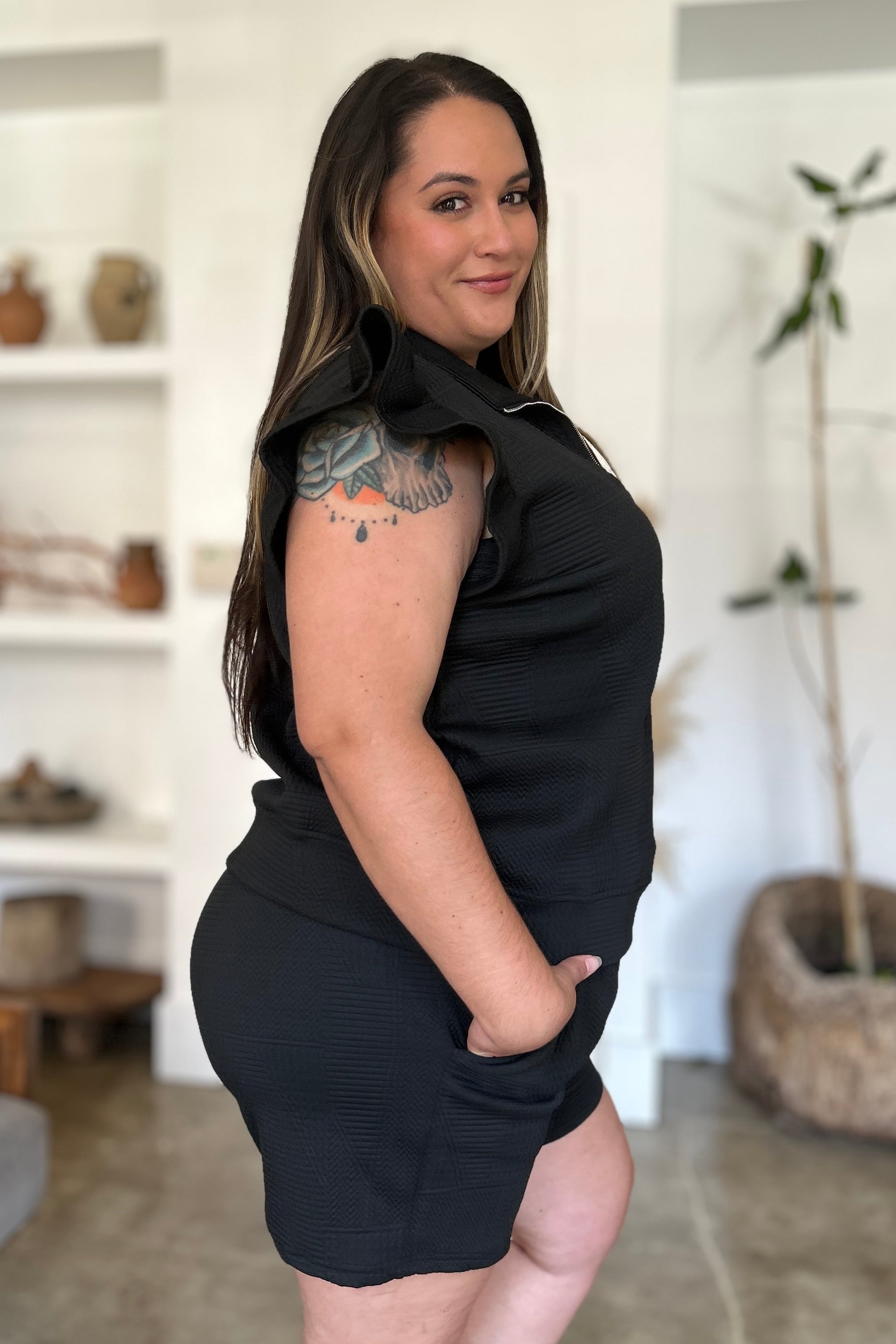 Double Take Full Size Texture Flounce Sleeve Top and Shorts Set 