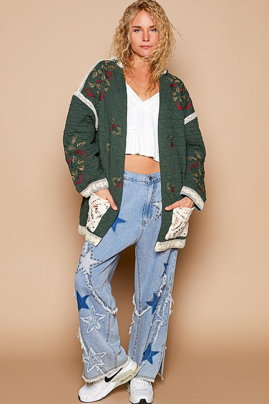 POL Embroidered Open Front Quilted Jacket with Crochet Pockets 