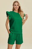 Double Take Full Size Texture Round Neck Ruffle Sleeve Top and Shorts Set 