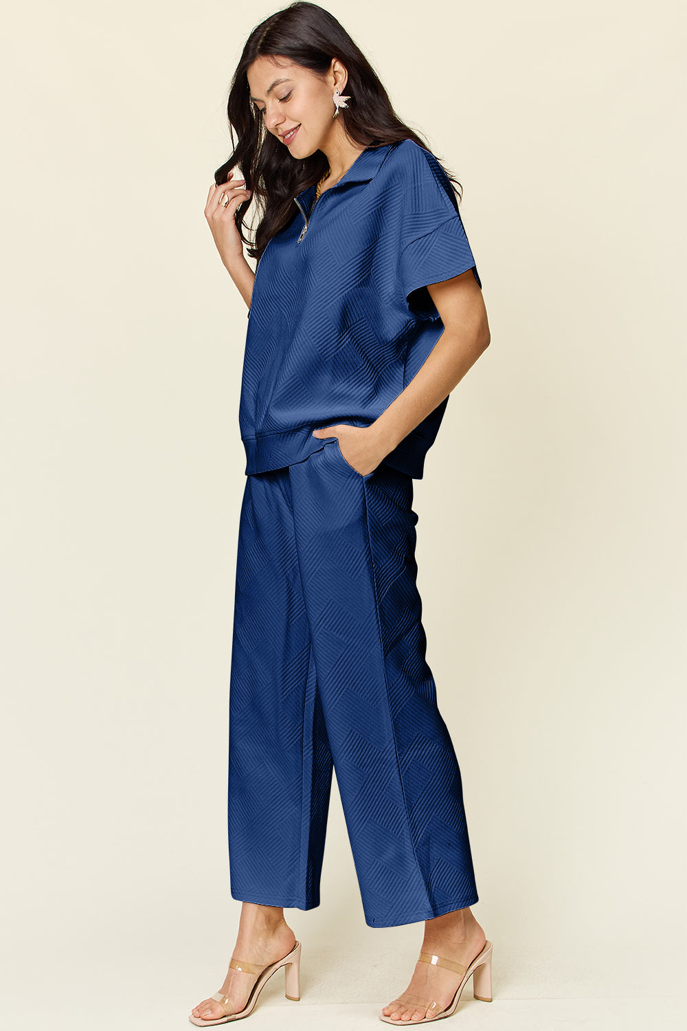 Double Take Full Size Texture Half Zip Short Sleeve Top and Pants Set 