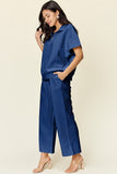 Double Take Full Size Texture Half Zip Short Sleeve Top and Pants Set 