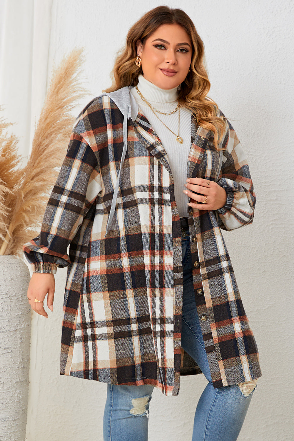 Honey Plus Size Plaid Drop Shoulder Hooded Coat 