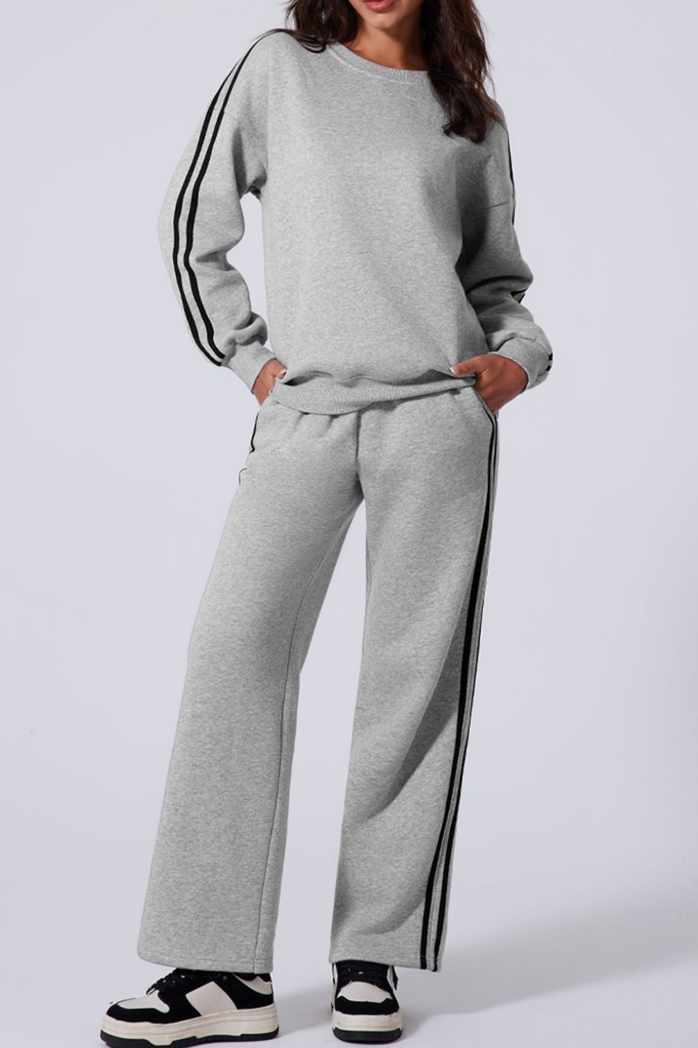 Side Striped Round Neck Top and Pants Active Set 