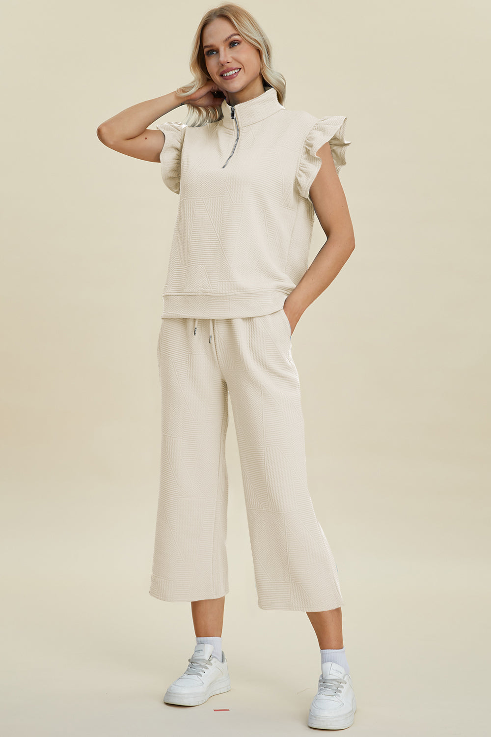 Double Take Full Size Texture Ruffle Short Sleeve Top and Wide Leg Pants Set 