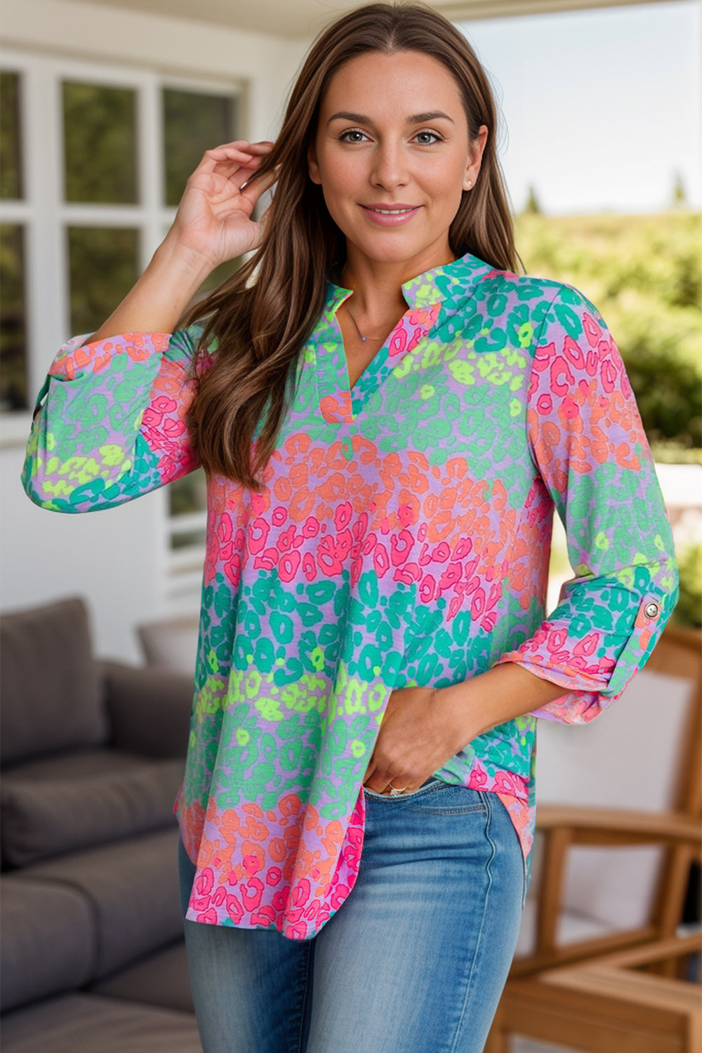 Plus Size Leopard Notched Long Sleeve Blouse 