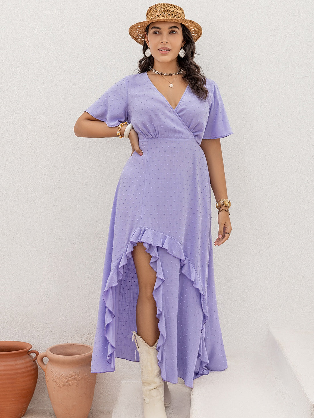 Plus Size Swiss Dot High-Low Surplice Dress 