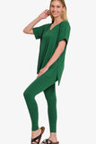 Zenana V-Neck Rolled Short Sleeve T-Shirt and Leggings Lounge Set 