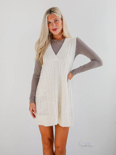 Lovelet Cable Knit V-Neck Mini Sweater Overall Dress Dresses