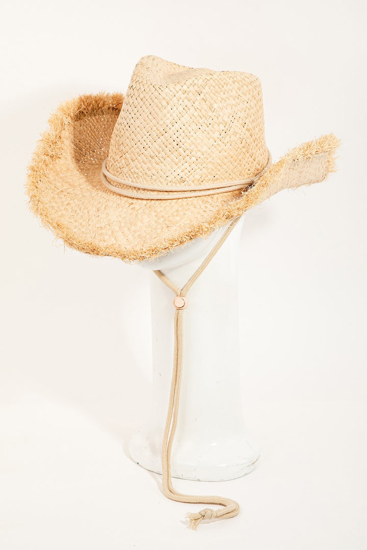 Fame Adjustable Strap Raw Hem Weave Hat 