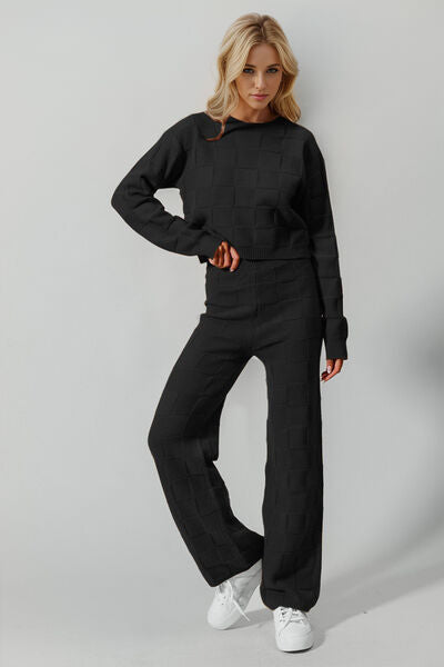 Double Take Full Size Checkered Round Neck Top and Pants Set 