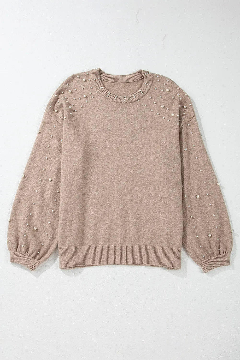 Plus Size Pearl Detail Round Neck Long Sleeve Sweater 