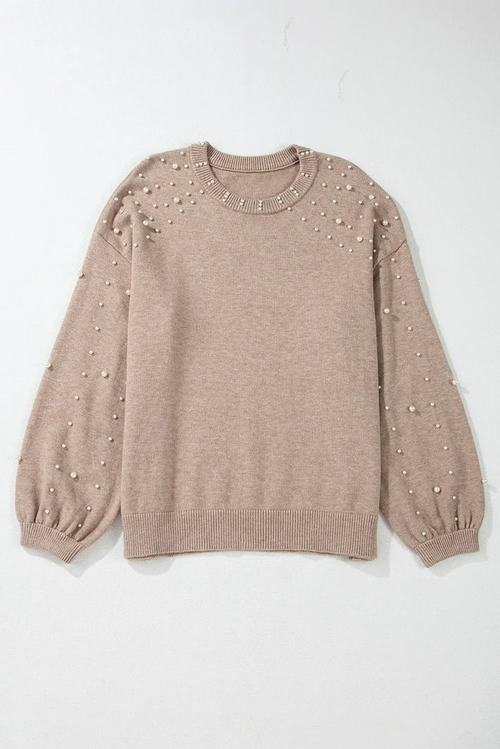 Plus Size Pearl Detail Round Neck Long Sleeve Sweater 