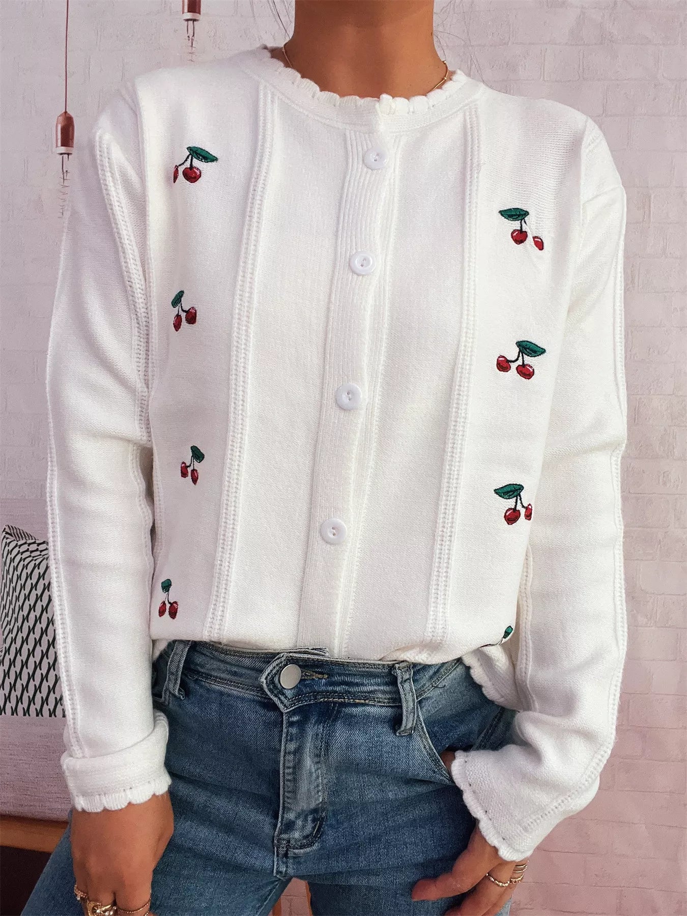 Cherry Embroidered Button Up Cardigan 